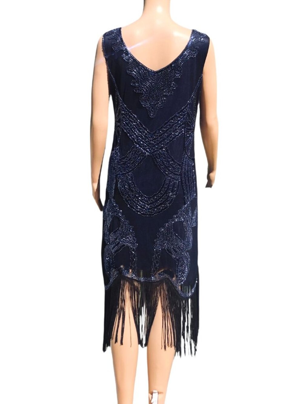 Art Deco 1920s Style Navy Blue Beaded Sequin Fringe Flapper Party Dress Sz S - Picture 4 of 5